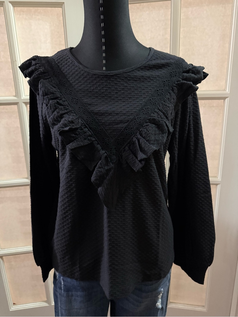 J. Crew Black Long-Sleeve Ruffle V-Front Top